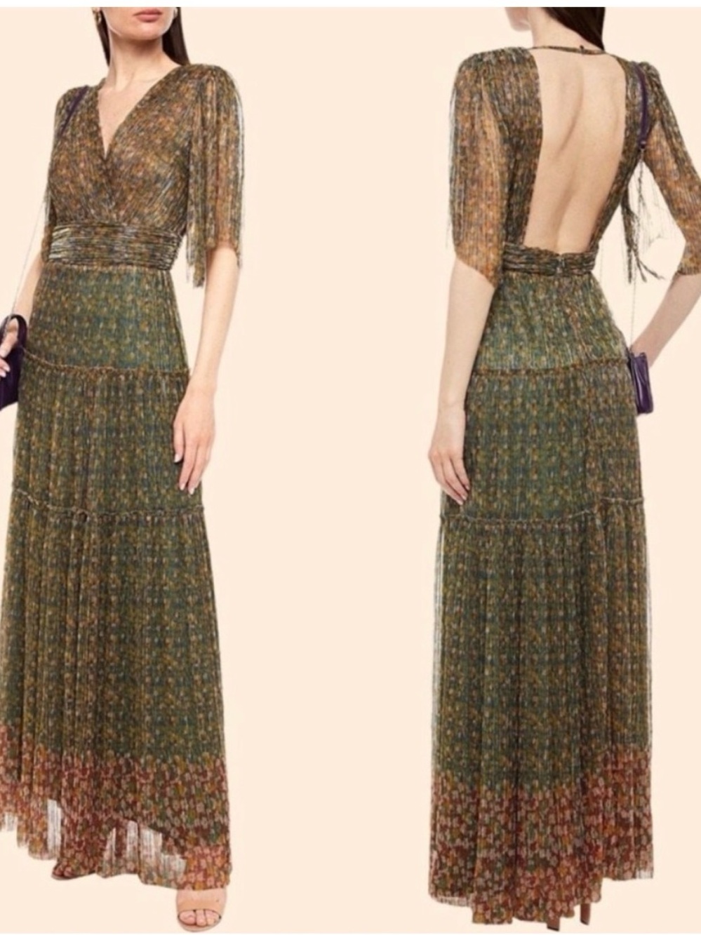 ba&sh Perla Dress Green Floral Open-Back Maxi Dress